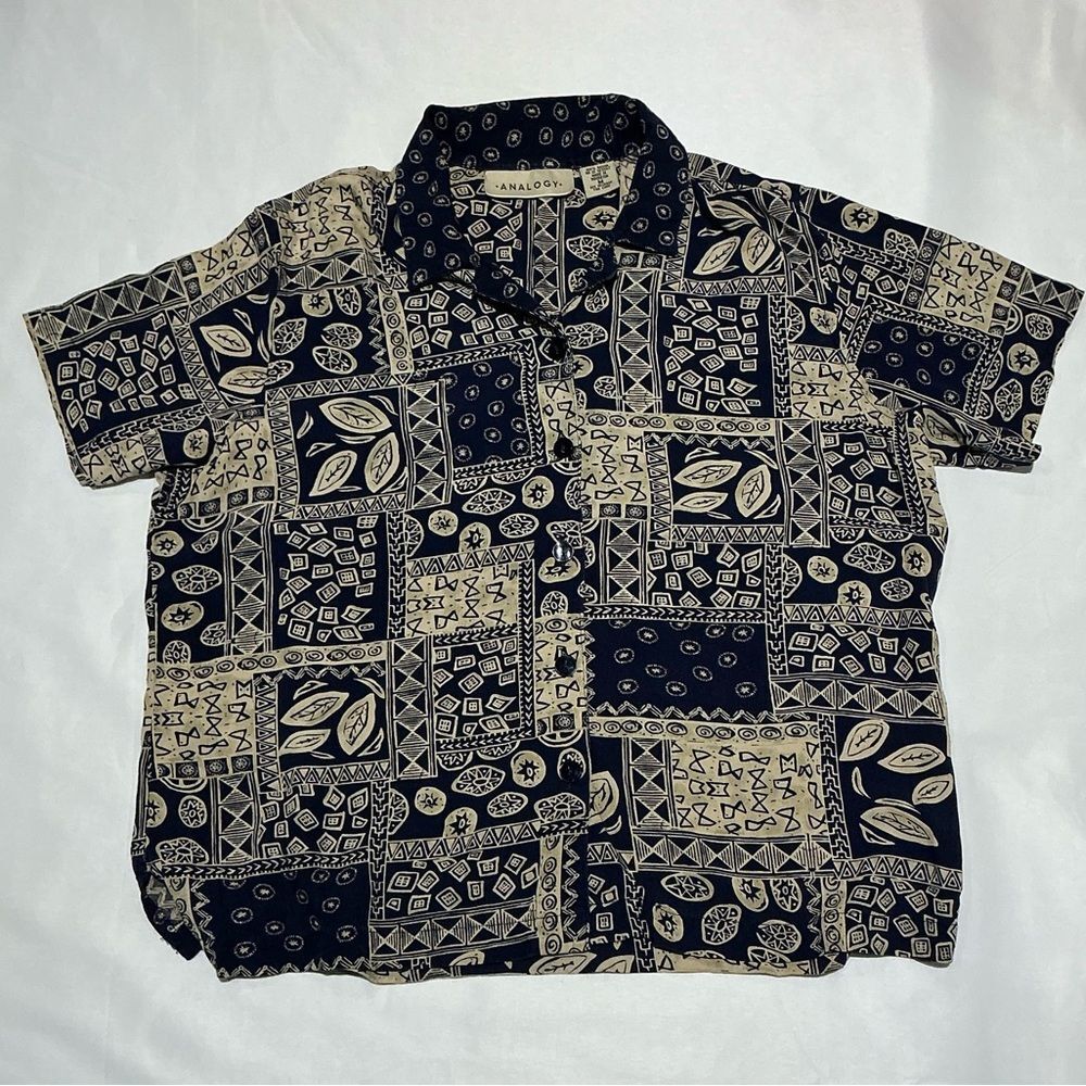 Analogy Shirt Womens Medium Blue Tan Tribal Patchwork‎ Boho